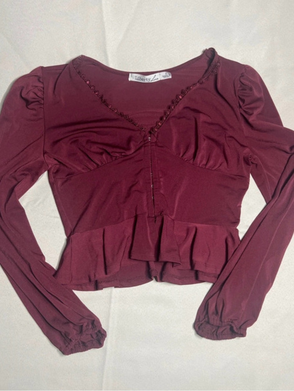 Liberty Love Burgundy Long Sleeve Ruffle Peplum Top